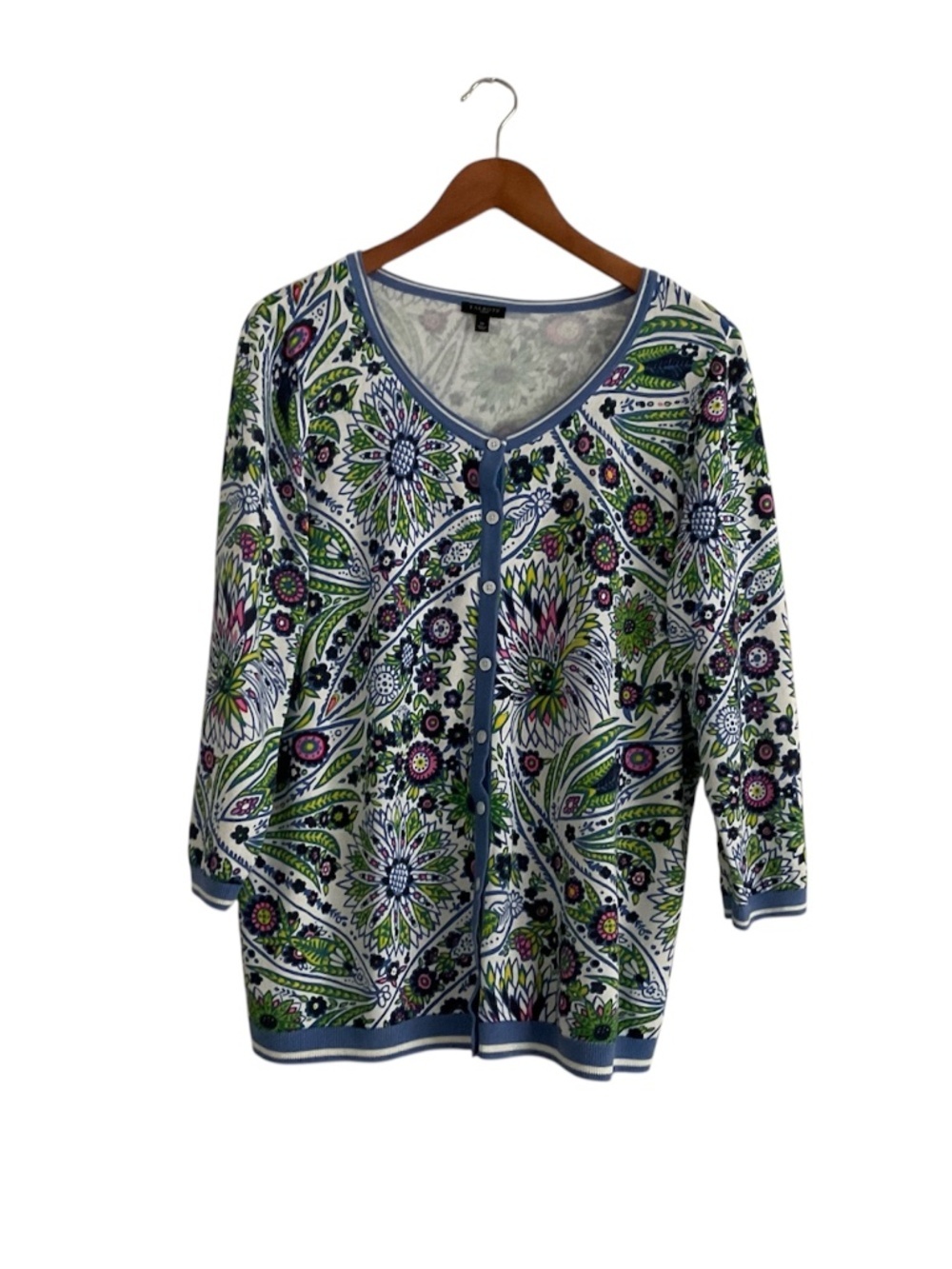 Talbots Paisley Floral Button Front Cardigan Sweater XL Blue Mature Coastal Chic - Picture 2 of 10